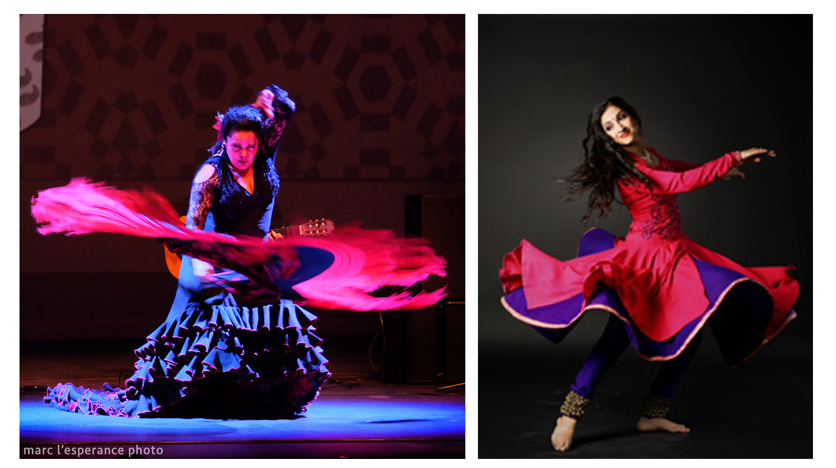 Carmen Romero wearing a flamenco dress fans her skirt on stage, and Bageshree Vase wearing Kathak dress strikes a dance pose.